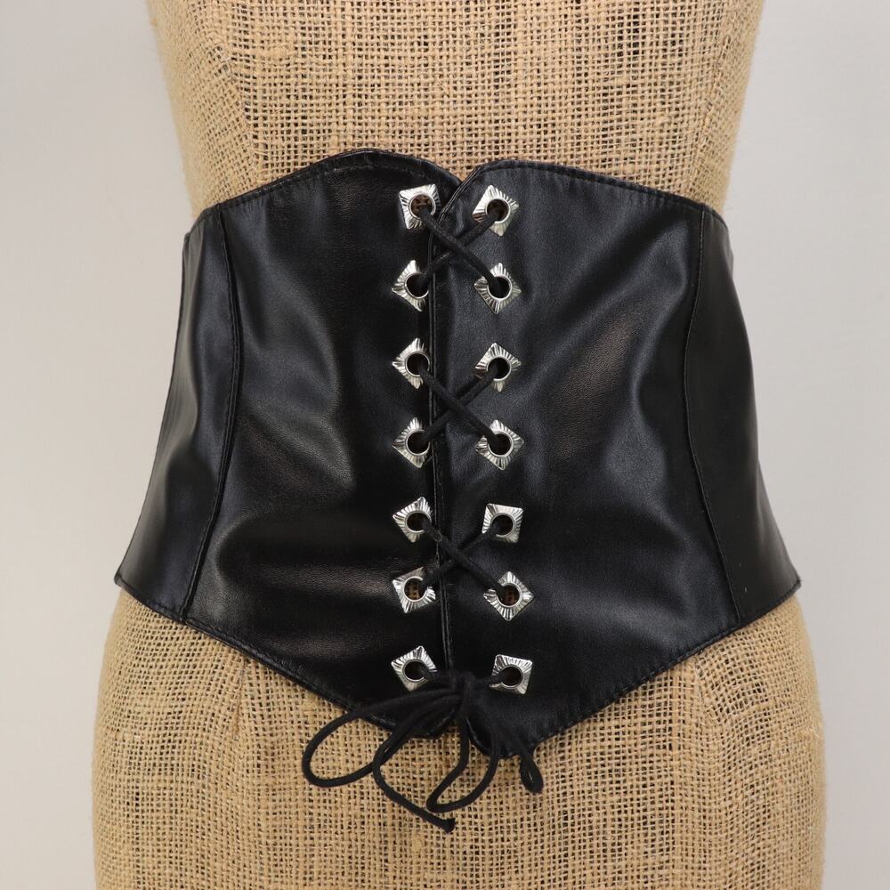 Classic Corset Belt Women XL Black Faux Leather Stretch Lace Up Wide